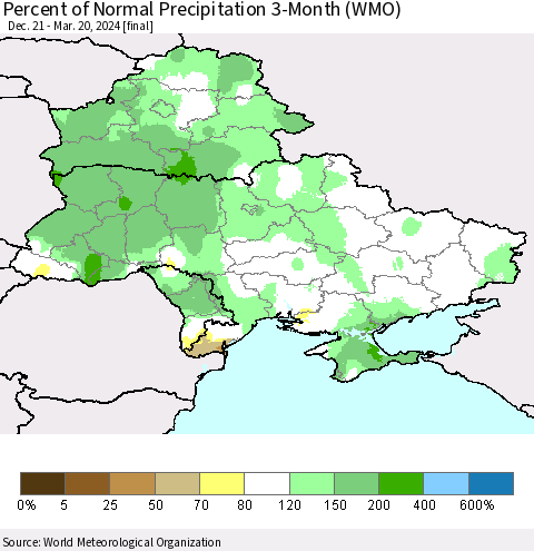 Ukraine, Moldova and Belarus Percent of Normal Precipitation 3-Month (WMO) Thematic Map For 12/21/2023 - 3/20/2024
