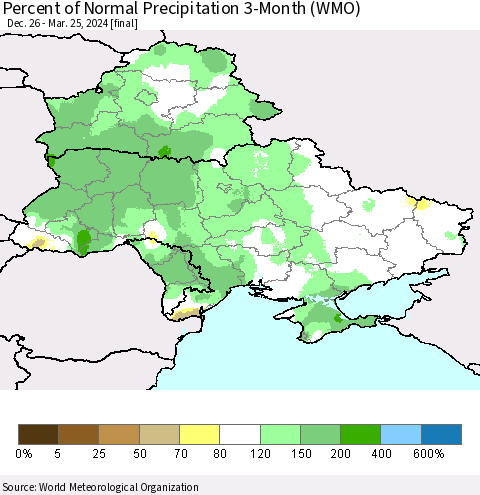 Ukraine, Moldova and Belarus Percent of Normal Precipitation 3-Month (WMO) Thematic Map For 12/26/2023 - 3/25/2024