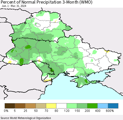 Ukraine, Moldova and Belarus Percent of Normal Precipitation 3-Month (WMO) Thematic Map For 1/1/2024 - 3/31/2024