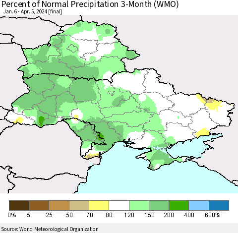 Ukraine, Moldova and Belarus Percent of Normal Precipitation 3-Month (WMO) Thematic Map For 1/6/2024 - 4/5/2024