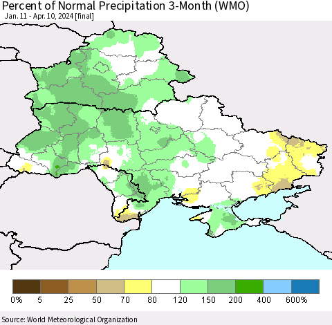 Ukraine, Moldova and Belarus Percent of Normal Precipitation 3-Month (WMO) Thematic Map For 1/11/2024 - 4/10/2024