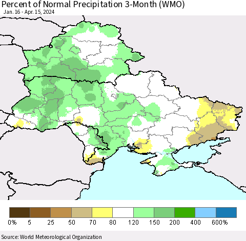 Ukraine, Moldova and Belarus Percent of Normal Precipitation 3-Month (WMO) Thematic Map For 1/16/2024 - 4/15/2024