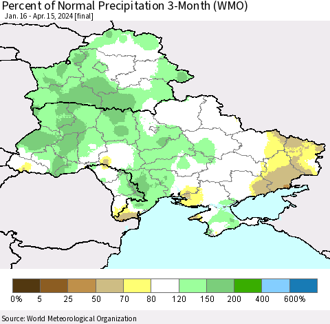 Ukraine, Moldova and Belarus Percent of Normal Precipitation 3-Month (WMO) Thematic Map For 1/16/2024 - 4/15/2024