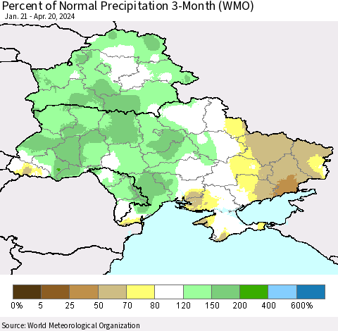 Ukraine, Moldova and Belarus Percent of Normal Precipitation 3-Month (WMO) Thematic Map For 1/21/2024 - 4/20/2024