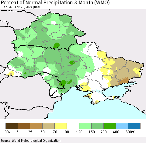 Ukraine, Moldova and Belarus Percent of Normal Precipitation 3-Month (WMO) Thematic Map For 1/26/2024 - 4/25/2024