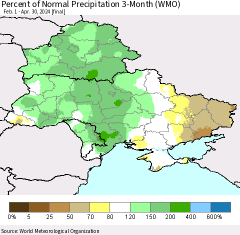 Ukraine, Moldova and Belarus Percent of Normal Precipitation 3-Month (WMO) Thematic Map For 2/1/2024 - 4/30/2024
