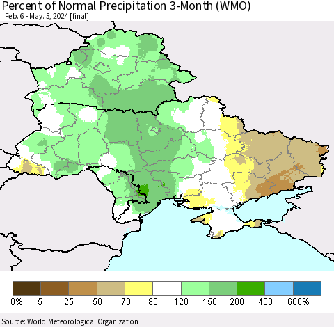 Ukraine, Moldova and Belarus Percent of Normal Precipitation 3-Month (WMO) Thematic Map For 2/6/2024 - 5/5/2024