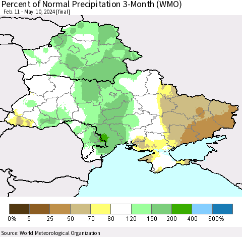 Ukraine, Moldova and Belarus Percent of Normal Precipitation 3-Month (WMO) Thematic Map For 2/11/2024 - 5/10/2024