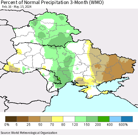 Ukraine, Moldova and Belarus Percent of Normal Precipitation 3-Month (WMO) Thematic Map For 2/16/2024 - 5/15/2024