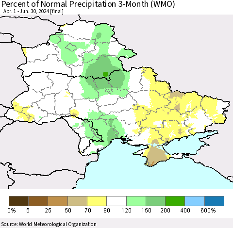 Ukraine, Moldova and Belarus Percent of Normal Precipitation 3-Month (WMO) Thematic Map For 4/1/2024 - 6/30/2024