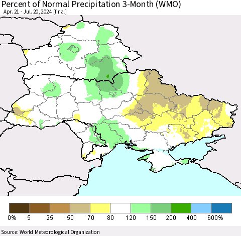 Ukraine, Moldova and Belarus Percent of Normal Precipitation 3-Month (WMO) Thematic Map For 4/21/2024 - 7/20/2024