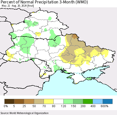 Ukraine, Moldova and Belarus Percent of Normal Precipitation 3-Month (WMO) Thematic Map For 5/21/2024 - 8/20/2024