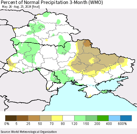 Ukraine, Moldova and Belarus Percent of Normal Precipitation 3-Month (WMO) Thematic Map For 5/26/2024 - 8/25/2024