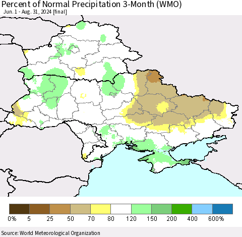 Ukraine, Moldova and Belarus Percent of Normal Precipitation 3-Month (WMO) Thematic Map For 6/1/2024 - 8/31/2024