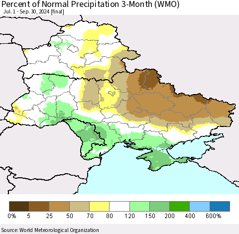 Ukraine, Moldova and Belarus Percent of Normal Precipitation 3-Month (WMO) Thematic Map For 7/1/2024 - 9/30/2024