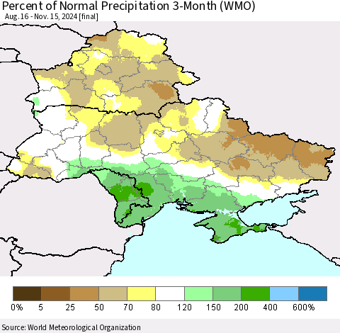 Ukraine, Moldova and Belarus Percent of Normal Precipitation 3-Month (WMO) Thematic Map For 8/16/2024 - 11/15/2024