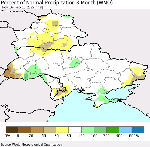 Ukraine, Moldova and Belarus Percent of Normal Precipitation 3-Month (WMO) Thematic Map For 11/16/2024 - 2/15/2025