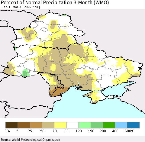Ukraine, Moldova and Belarus Percent of Normal Precipitation 3-Month (WMO) Thematic Map For 1/1/2025 - 3/31/2025