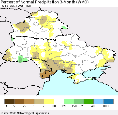Ukraine, Moldova and Belarus Percent of Normal Precipitation 3-Month (WMO) Thematic Map For 1/6/2025 - 4/5/2025