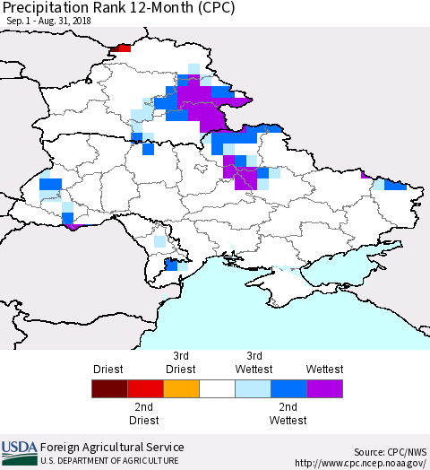 Ukraine, Moldova and Belarus Precipitation Rank since 1981, 12-Month (CPC) Thematic Map For 9/1/2017 - 8/31/2018