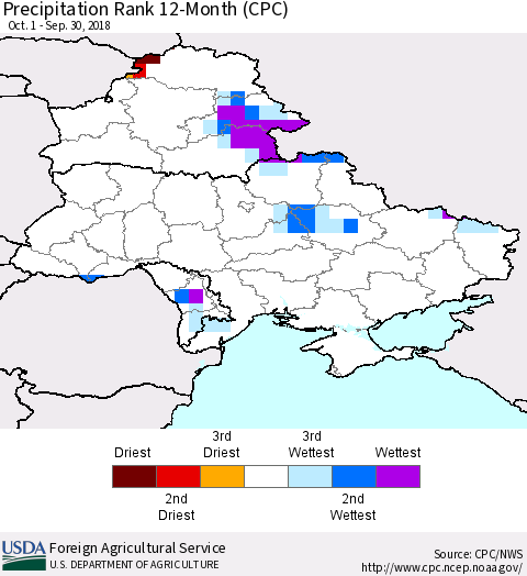Ukraine, Moldova and Belarus Precipitation Rank since 1981, 12-Month (CPC) Thematic Map For 10/1/2017 - 9/30/2018