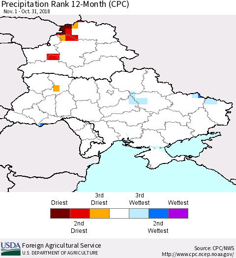 Ukraine, Moldova and Belarus Precipitation Rank since 1981, 12-Month (CPC) Thematic Map For 11/1/2017 - 10/31/2018
