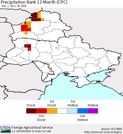 Ukraine, Moldova and Belarus Precipitation Rank since 1981, 12-Month (CPC) Thematic Map For 12/1/2017 - 11/30/2018