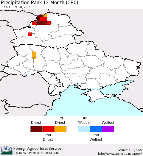 Ukraine, Moldova and Belarus Precipitation Rank since 1981, 12-Month (CPC) Thematic Map For 1/1/2018 - 12/31/2018