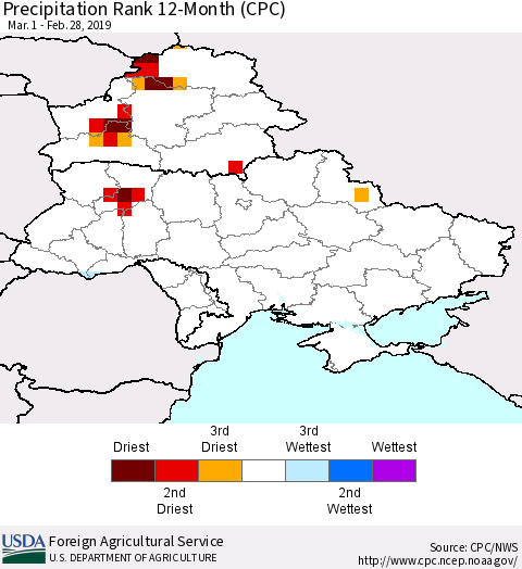 Ukraine, Moldova and Belarus Precipitation Rank since 1981, 12-Month (CPC) Thematic Map For 3/1/2018 - 2/28/2019