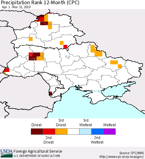 Ukraine, Moldova and Belarus Precipitation Rank since 1981, 12-Month (CPC) Thematic Map For 4/1/2018 - 3/31/2019