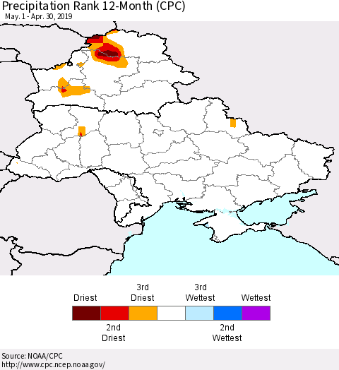 Ukraine, Moldova and Belarus Precipitation Rank since 1981, 12-Month (CPC) Thematic Map For 5/1/2018 - 4/30/2019