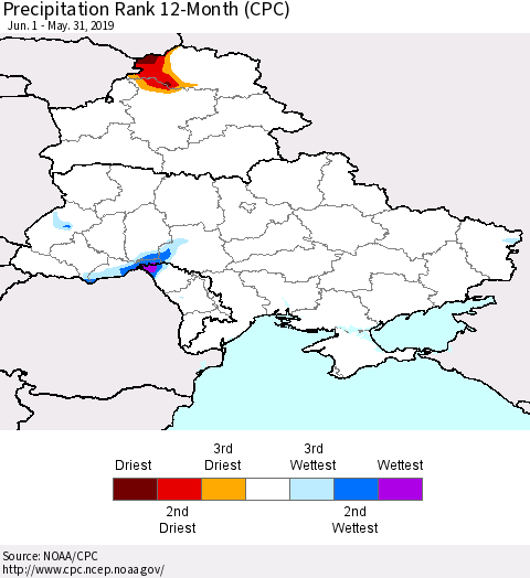 Ukraine, Moldova and Belarus Precipitation Rank since 1981, 12-Month (CPC) Thematic Map For 6/1/2018 - 5/31/2019