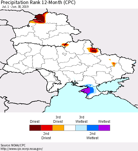 Ukraine, Moldova and Belarus Precipitation Rank since 1981, 12-Month (CPC) Thematic Map For 7/1/2018 - 6/30/2019