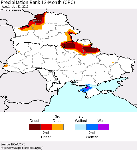 Ukraine, Moldova and Belarus Precipitation Rank since 1981, 12-Month (CPC) Thematic Map For 8/1/2018 - 7/31/2019