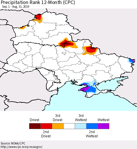 Ukraine, Moldova and Belarus Precipitation Rank 12-Month (CPC) Thematic Map For 9/1/2018 - 8/31/2019