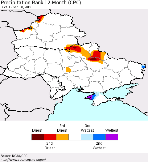 Ukraine, Moldova and Belarus Precipitation Rank since 1981, 12-Month (CPC) Thematic Map For 10/1/2018 - 9/30/2019