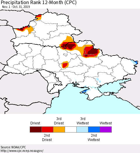 Ukraine, Moldova and Belarus Precipitation Rank 12-Month (CPC) Thematic Map For 11/1/2018 - 10/31/2019