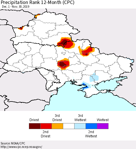 Ukraine, Moldova and Belarus Precipitation Rank 12-Month (CPC) Thematic Map For 12/1/2018 - 11/30/2019