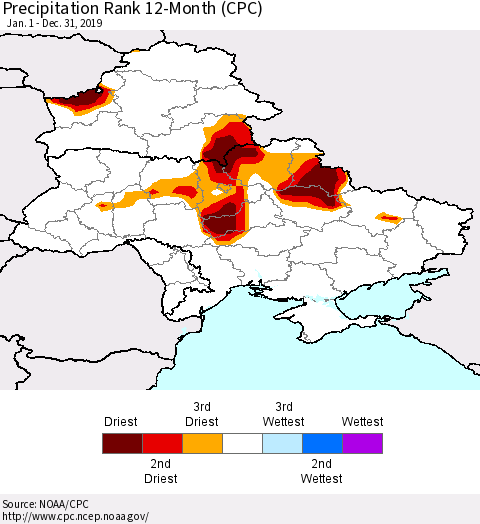 Ukraine, Moldova and Belarus Precipitation Rank 12-Month (CPC) Thematic Map For 1/1/2019 - 12/31/2019