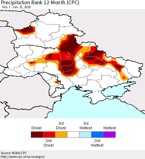 Ukraine, Moldova and Belarus Precipitation Rank 12-Month (CPC) Thematic Map For 2/1/2019 - 1/31/2020