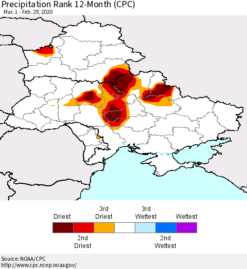 Ukraine, Moldova and Belarus Precipitation Rank 12-Month (CPC) Thematic Map For 3/1/2019 - 2/29/2020