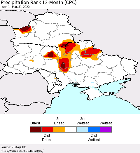 Ukraine, Moldova and Belarus Precipitation Rank since 1981, 12-Month (CPC) Thematic Map For 4/1/2019 - 3/31/2020