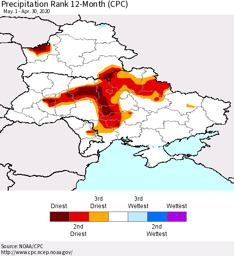 Ukraine, Moldova and Belarus Precipitation Rank 12-Month (CPC) Thematic Map For 5/1/2019 - 4/30/2020