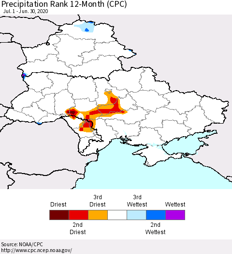 Ukraine, Moldova and Belarus Precipitation Rank 12-Month (CPC) Thematic Map For 7/1/2019 - 6/30/2020