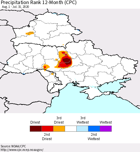 Ukraine, Moldova and Belarus Precipitation Rank since 1981, 12-Month (CPC) Thematic Map For 8/1/2019 - 7/31/2020