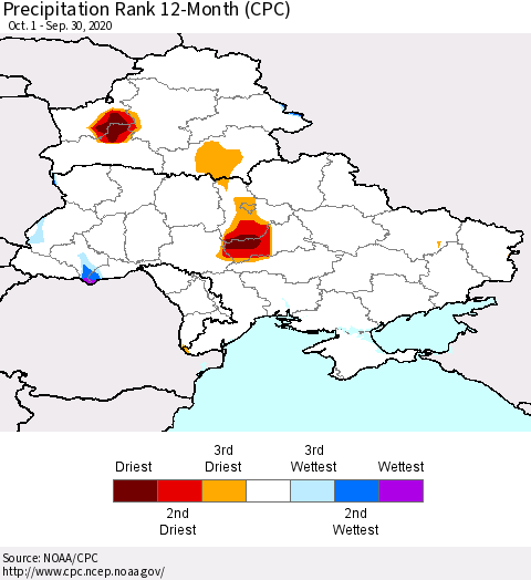 Ukraine, Moldova and Belarus Precipitation Rank 12-Month (CPC) Thematic Map For 10/1/2019 - 9/30/2020
