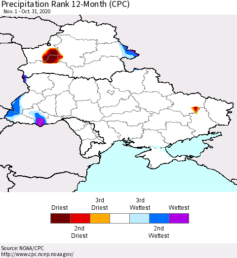 Ukraine, Moldova and Belarus Precipitation Rank since 1981, 12-Month (CPC) Thematic Map For 11/1/2019 - 10/31/2020