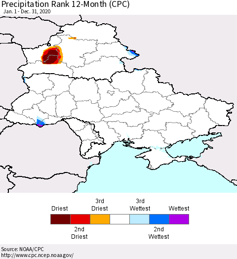 Ukraine, Moldova and Belarus Precipitation Rank 12-Month (CPC) Thematic Map For 1/1/2020 - 12/31/2020