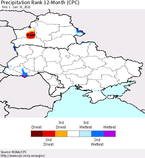 Ukraine, Moldova and Belarus Precipitation Rank since 1981, 12-Month (CPC) Thematic Map For 2/1/2020 - 1/31/2021