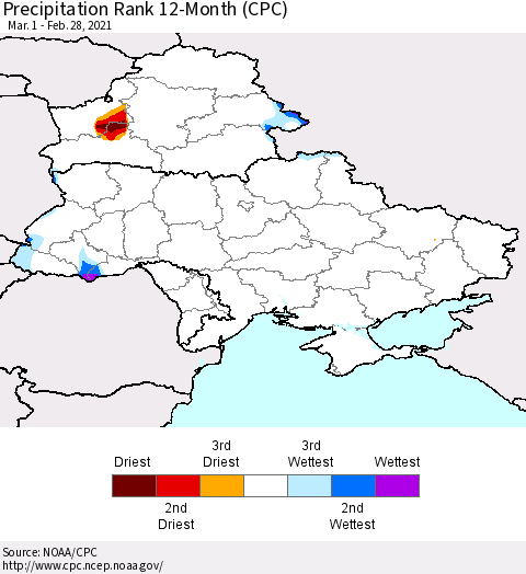 Ukraine, Moldova and Belarus Precipitation Rank 12-Month (CPC) Thematic Map For 3/1/2020 - 2/28/2021